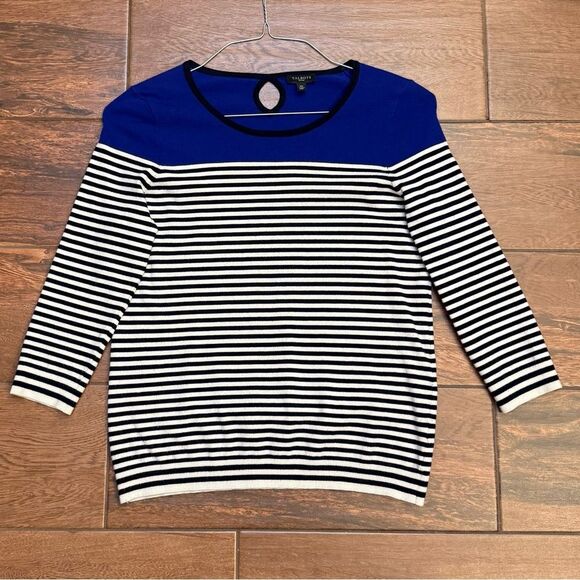 Talbots Color Block Knit Sweater Blue Black White Stripe 3/4 Sleeve Sz MP EUC - Picture 1 of 7